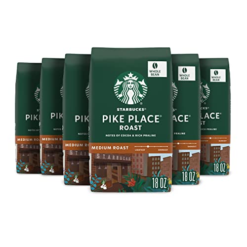 Starbucks Whole Coffee Beans, Medium Roast Hot or Iced Coffee, Pike Place Roast, Six 18 oz Bags