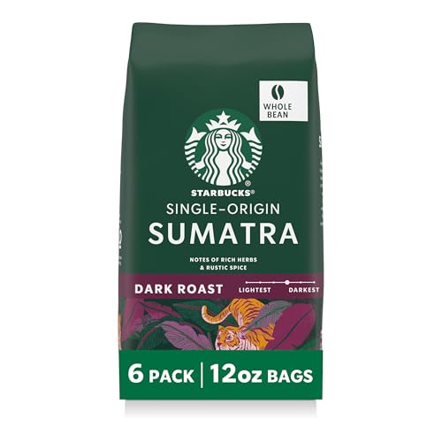 Starbucks Whole Coffee Beans, Dark Roast Hot or Iced Coffee, Single-Origin Sumatra, Six 12 oz Bags​