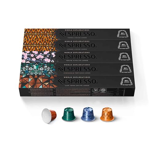 Nespresso Morning Lungo Blends Variety Pack (Vienna Linizio, Tokyo Vivalto, Stockholm Fortissio, Cape Town Envivo), 50 Pods, Nespresso Original Line
